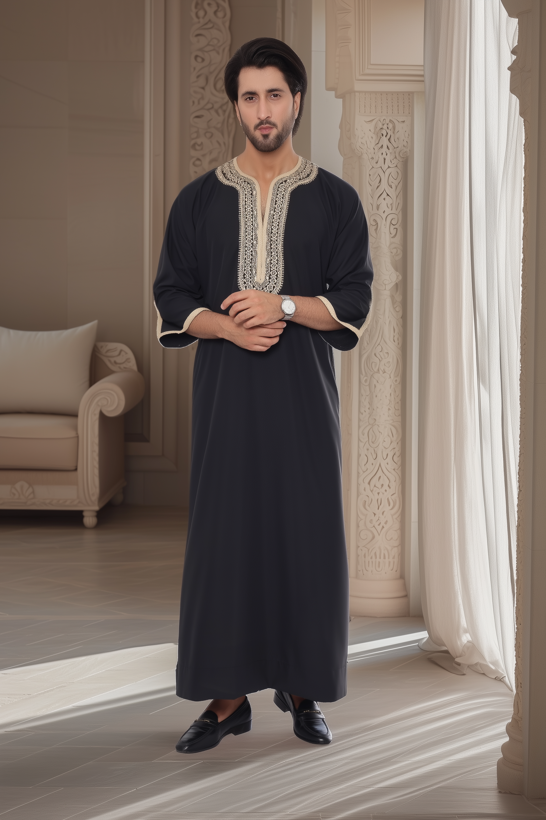 MTJ BLACK MOROCCAN EMBROIDERED THOBE